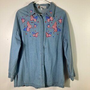 Womens Vintage Passion -1 LS Button Denim Shirt Patriotic Embroidered Butterflie